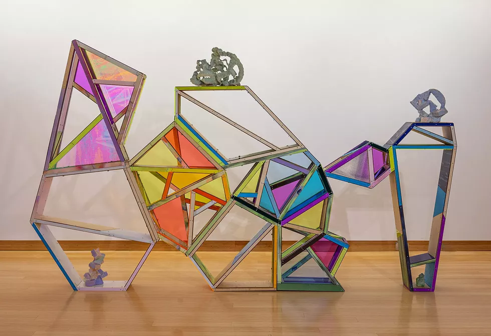 Susan Meyer, Plinth, 2019, wood, collage on wood, acrylic, ceramic, mixed media, 67 x 114 x 7 &frac12; inches