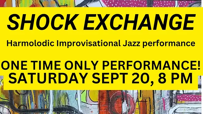 Image: SHOCK EXCHANGE! with original band: Dave Bryant &ndash; keys, John Turner -bass, Chris Bowman &ndash; drums/ perc. ; with Neil Leonard &ndash; saxes