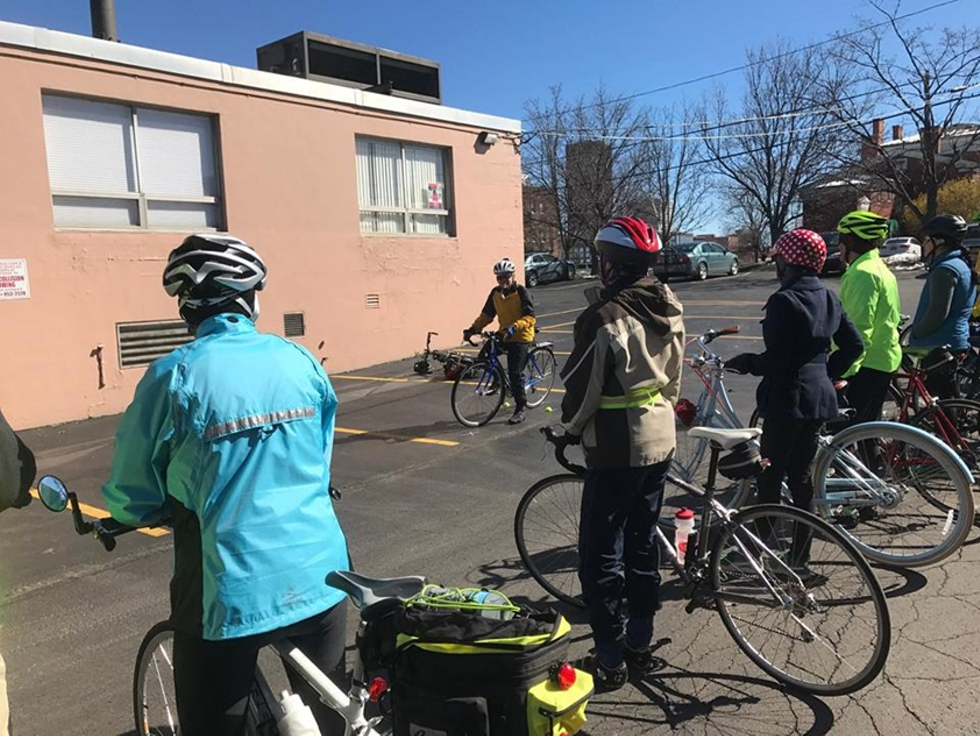 Bike riders learning some bike handling skills.