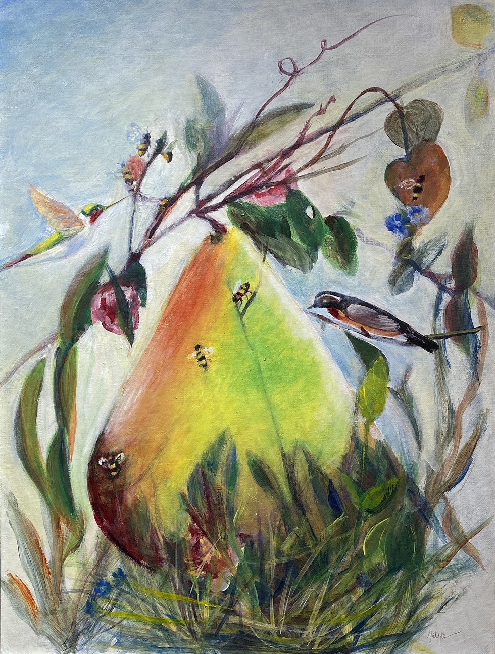Pear, Bees, Bird by Maya Farber