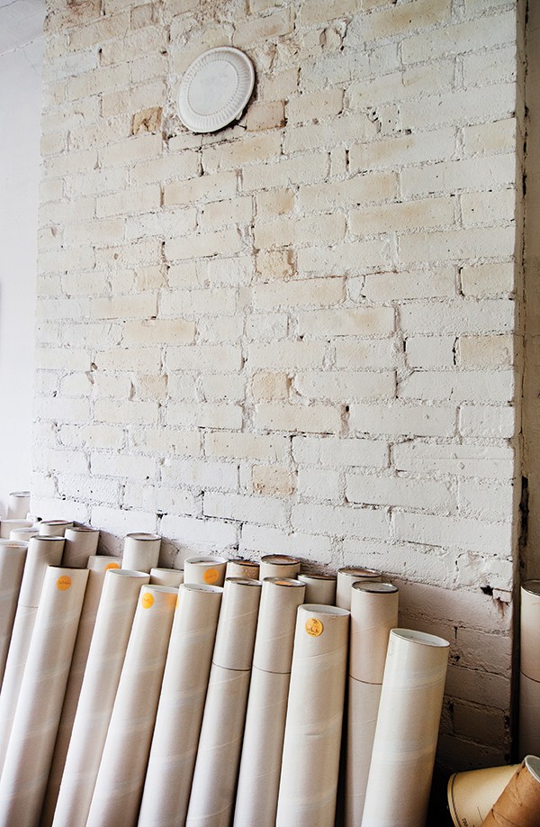 Storage tubes line the walls of Baer’s third-floor architectural studio.