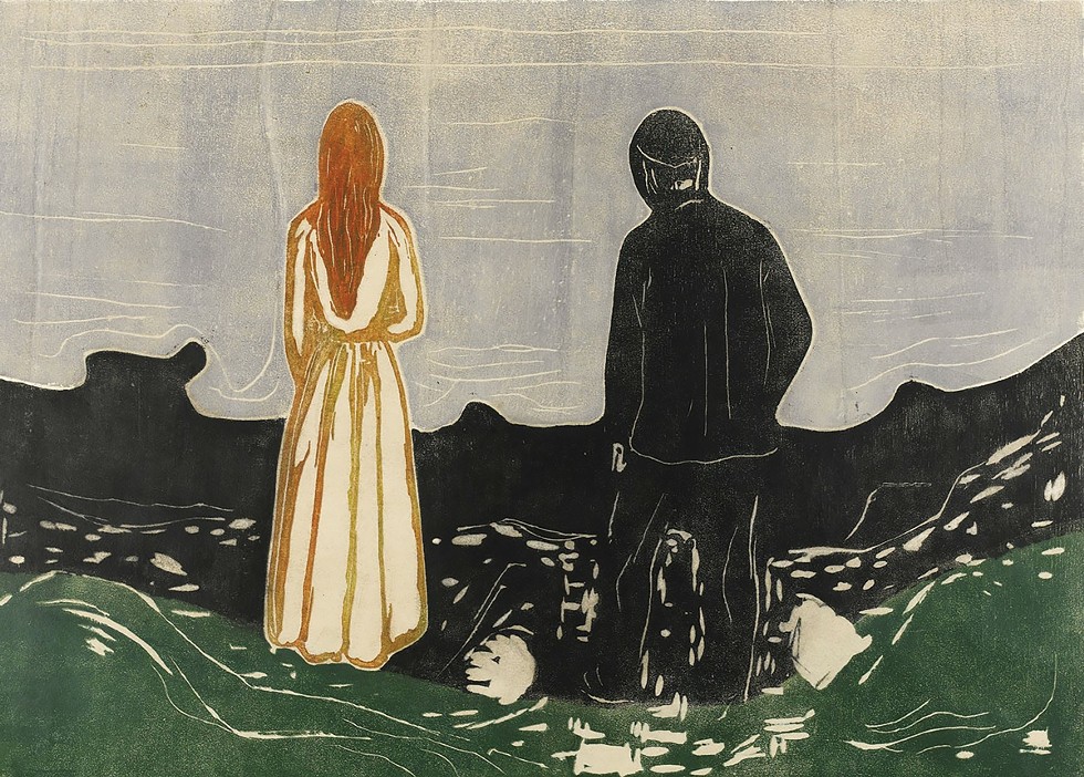 Two Human Beings. The Lonely Ones, Edvard Munch,color woodcut, 1899, on paper. Private collection, © Artists Rights Society (ARS), New York From the exhibition “Edvard Munch: Trembling Earth” at the Clark Art Institute June 10-October 15