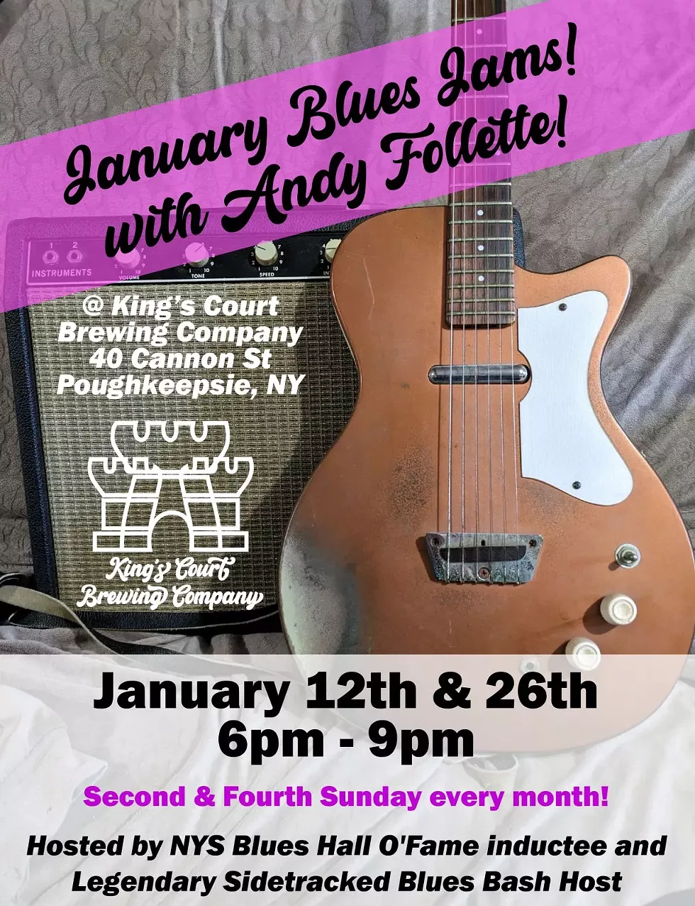 guitar with amp advertising Blue Jam with Andy Follette