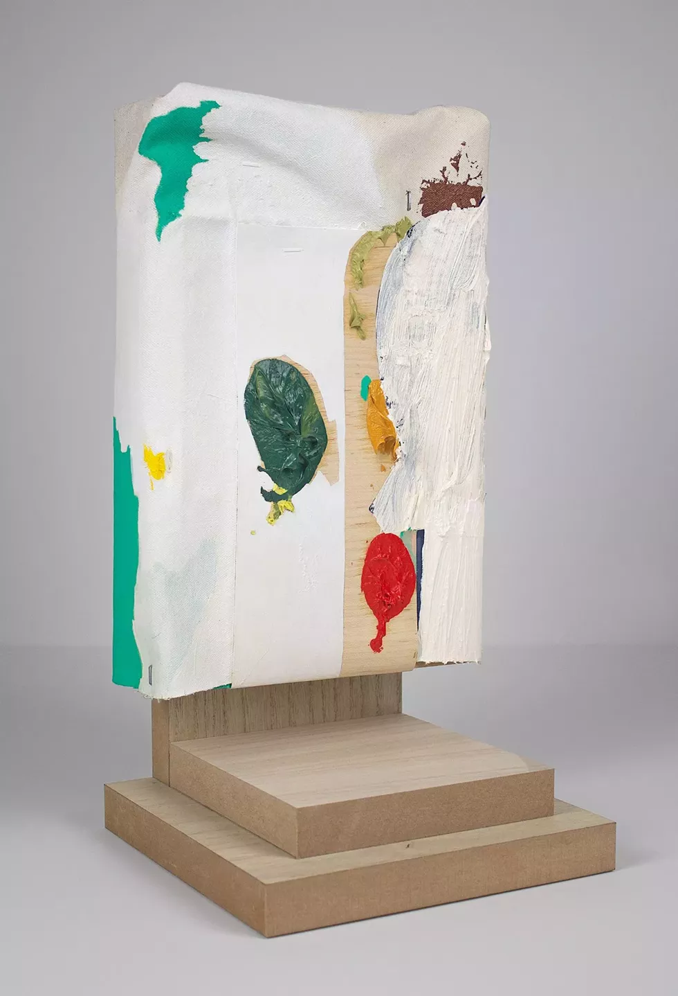 Susan Still Scott, Seated Painting, 2022, oil, acrylic and vinyl paint, rabbit skin glue, canvas, wood, maple veneer, staples, 16 x 8.5 x 8 inches