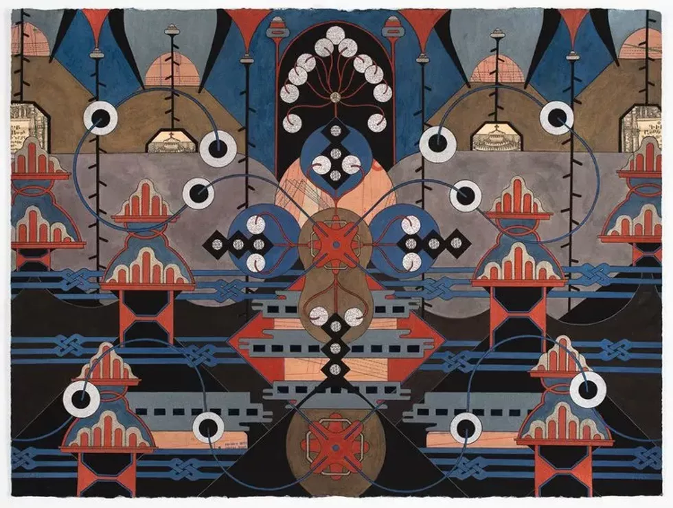 Linda Ganjian, "Prayer for Mountains" 22&rsquo;&rsquo; x 30&rsquo;&rsquo; mixed media: ink, watercolor, origami paper, patternmaking paper, giclee on paper 2023
