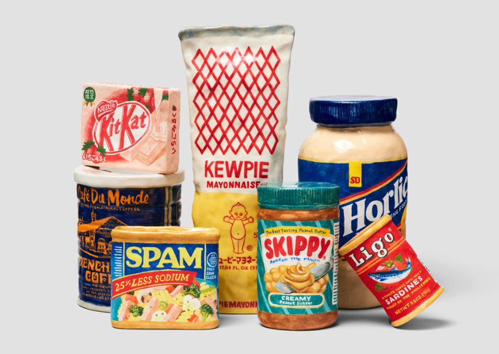 Kit Kat Strawberry Milk, Kewpie Mayonnaise; Horlicks The Nourishing Food Drink: Caf&eacute; du Monde French Roast Coffee; Spam 25% Less Sodium: Ligo Sardines in Tomato Sauce Chili Added; all by Stephanie H. Shih.