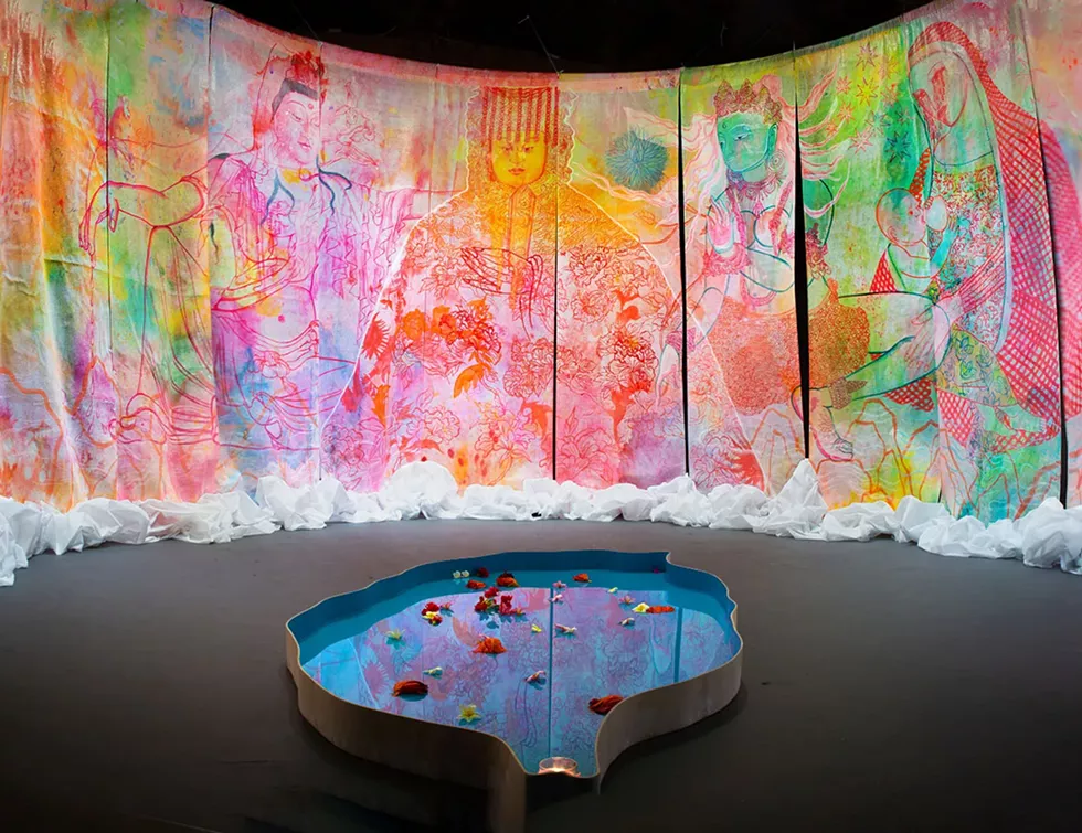 MICHELA MARTELLO  The Heavenly Pricesses ad the Bam Ripple  2022, Acrylic, Gouache,Ink on ironing interfacing  140 x19 x1 200 in