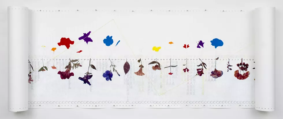Linda Stillman, August Garden Scroll, 2002/2016, acrylic, gouache, pencil, colored pencil, ink, flower stain, scanned laser prints of dried plants, string, push pins on paper, 36 inches x 9 feet
