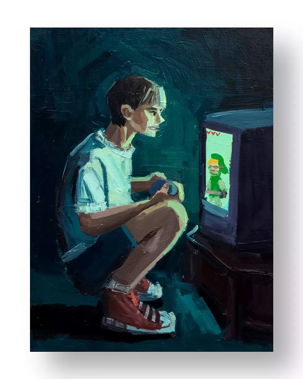 Jesse Morsberger, Night Gaming, 2026. Oil on Canvas, 24 x 18 in.