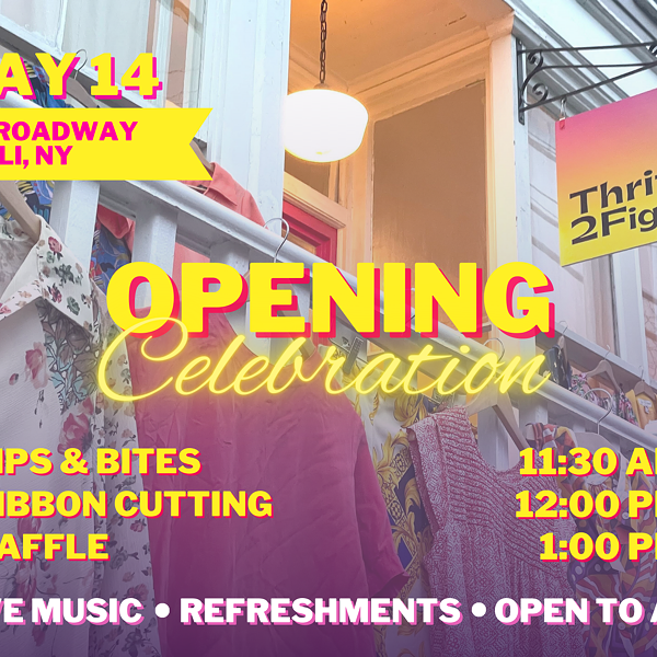 We're celebrating Thrift 2 Fight! Join us for live music, refreshments, a raffle, and a ribbon cutting ceremony (yes, with huge scissors)!