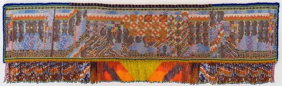 Lost River (Indiana), Czech seed beads, DMC Perl Cotton # 12, knitted beads, 13.5" x 34.5" x ,25"
