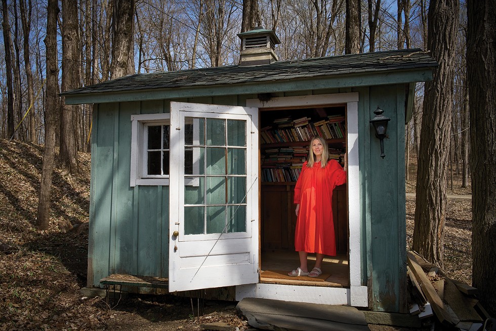 Author Molly Prentiss in her writing studio outside her home in Red Hook.