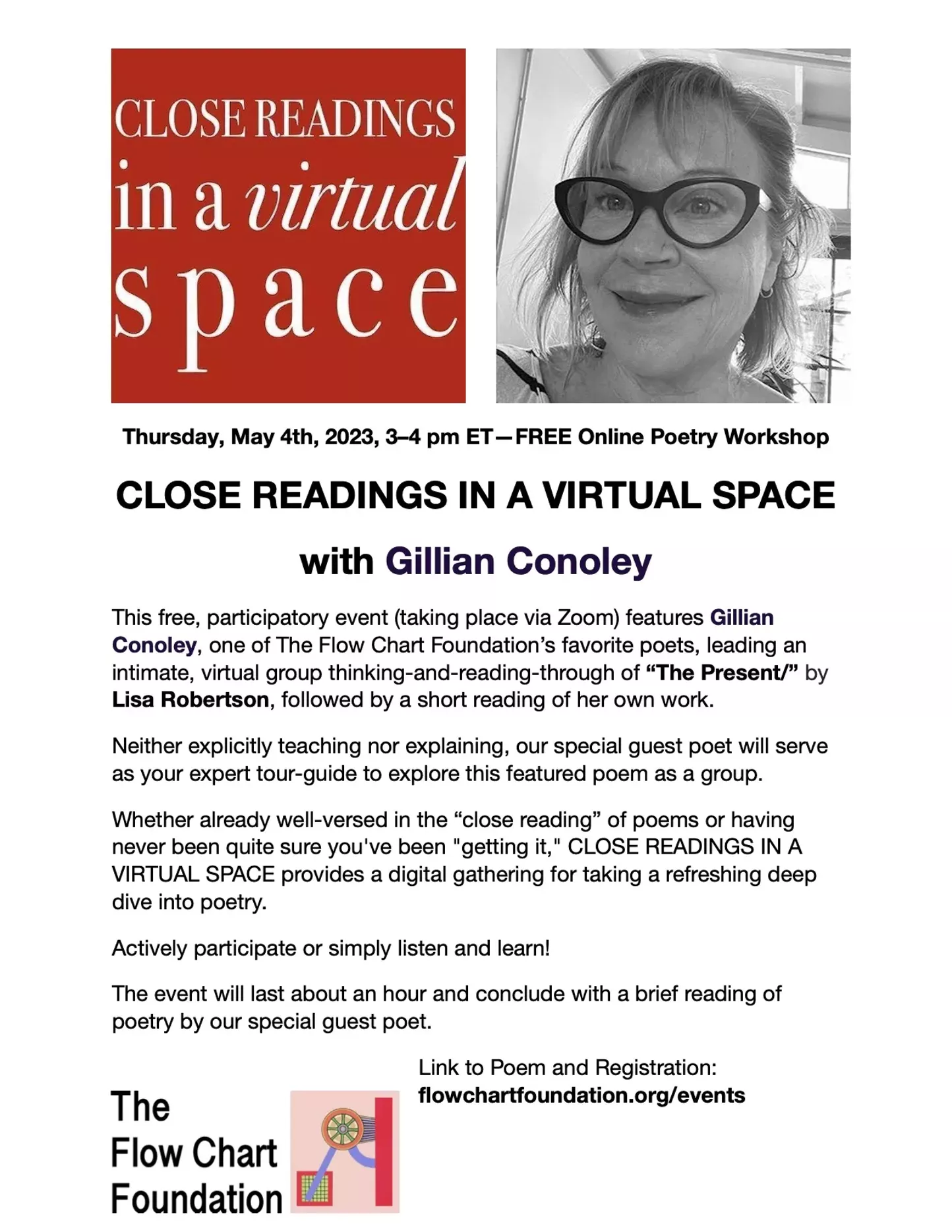 THURSDAY May 4th at 3PM: CLOSE READINGS IN A VIRTUAL SPACE with Gillian Conoley - Free online poetry workshop - Vimarsana News