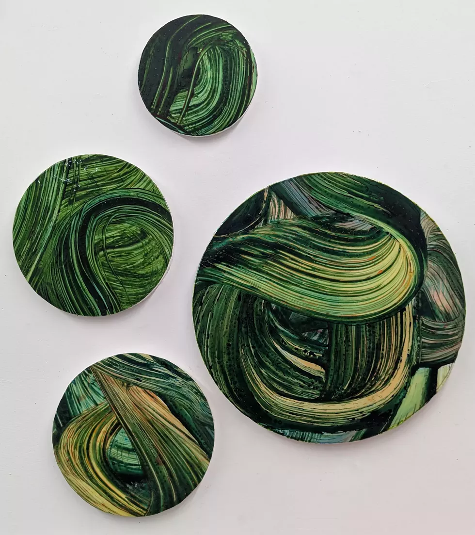 Green Particles, Jonathan Feldschuh, acrylic on panel with magnetic mounting, dimensions variable, 2024