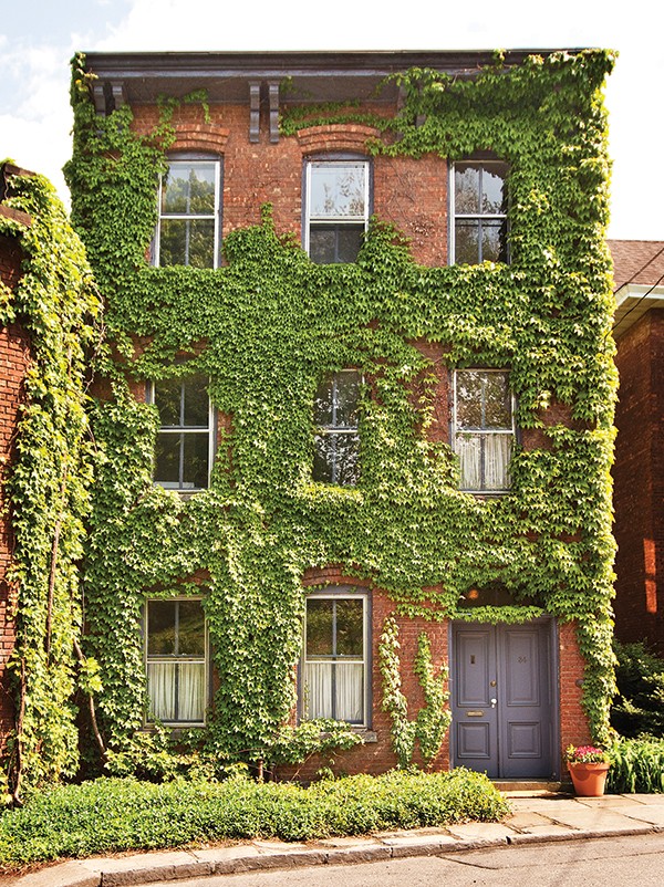 Vine covered 1869 three-story brick Italianate townhouse in the Rondout section of Kingston.