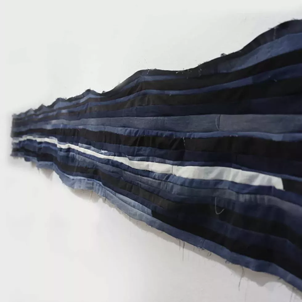 Sa&rsquo;dia Rehman, Hemorrhage, 2022, sister&rsquo;s, partner&rsquo;s, and artist&rsquo;s jeans.